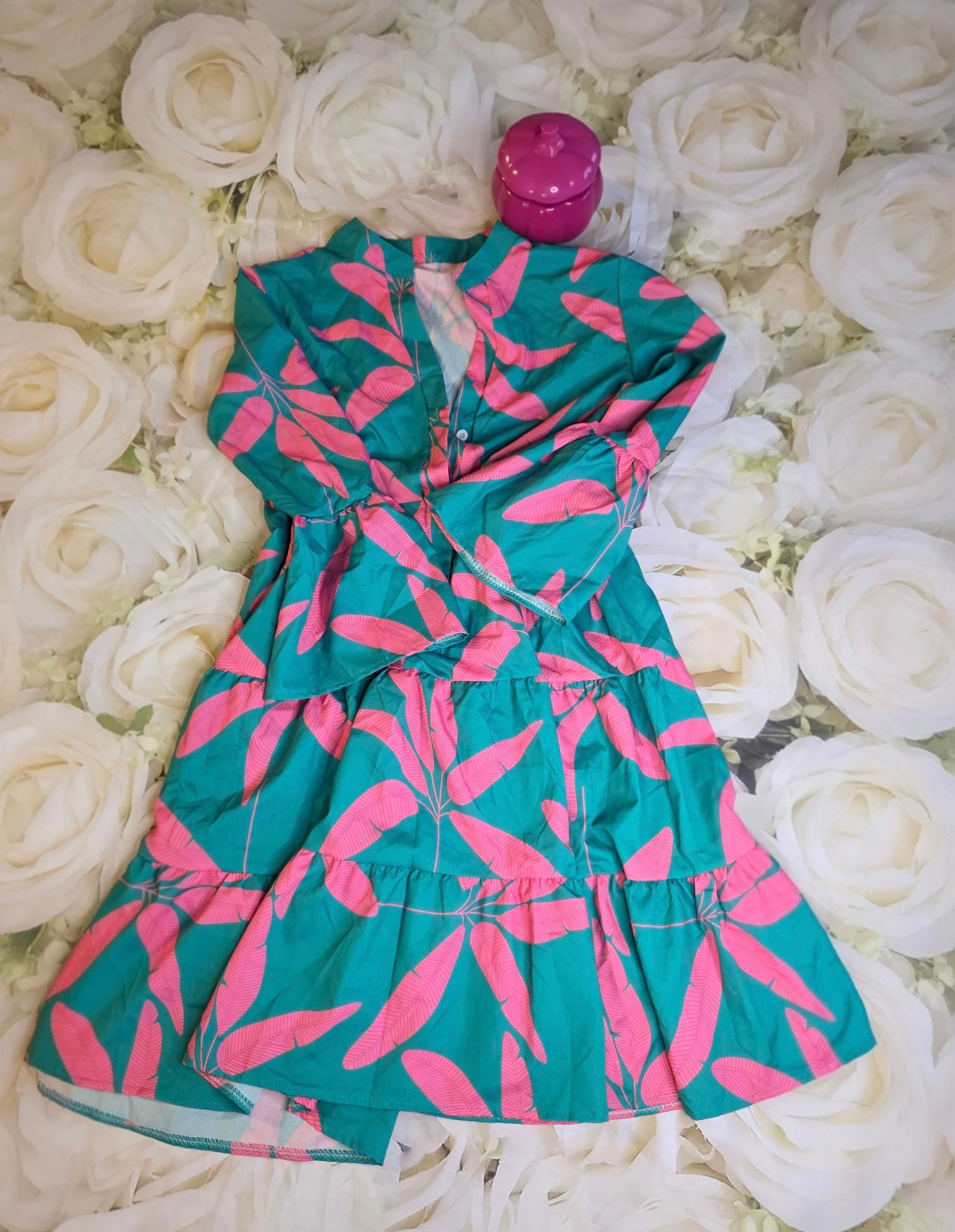 Green Everyday Dress With Pink Leaves