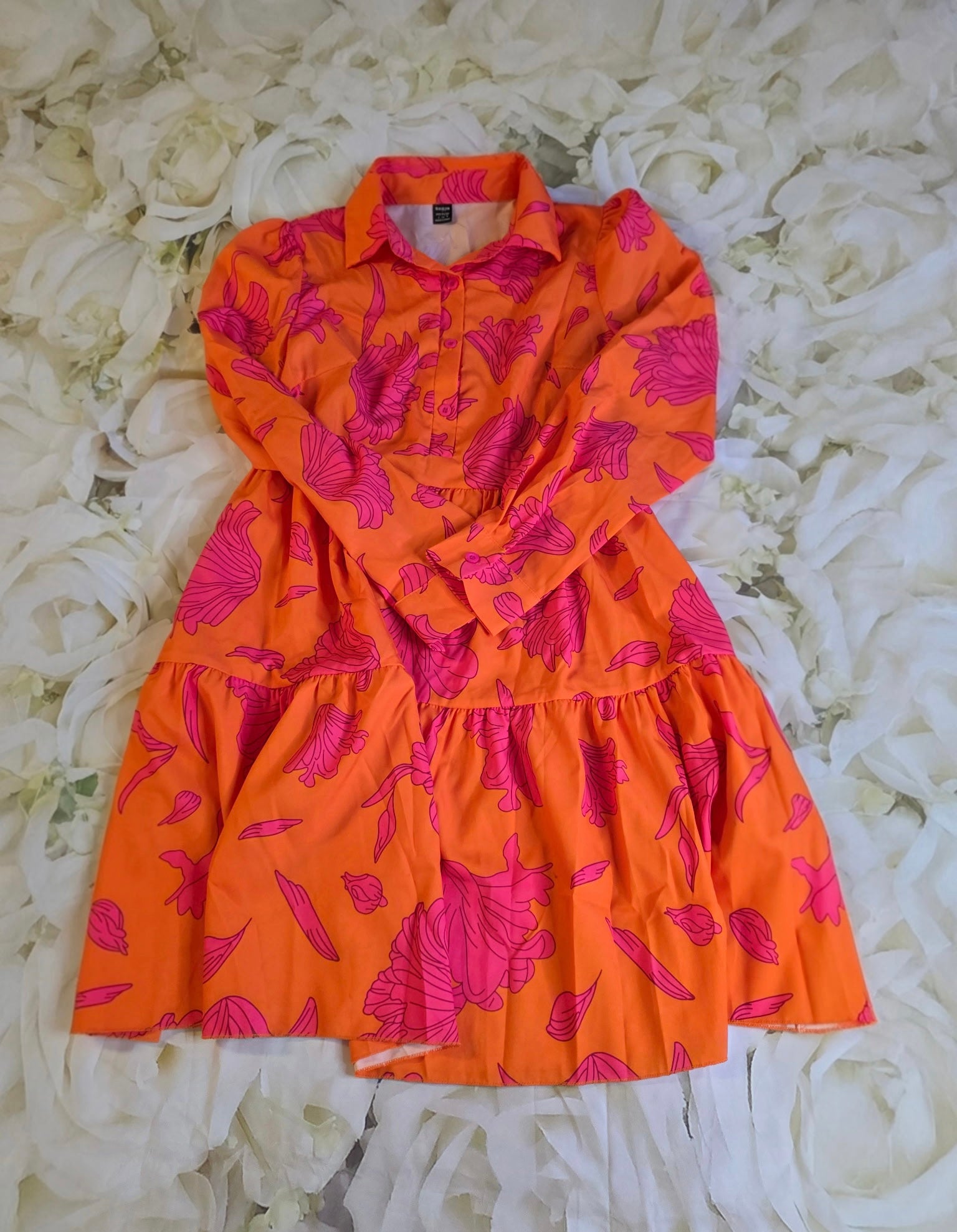 Orange Everyday Dress With Pink Flowers