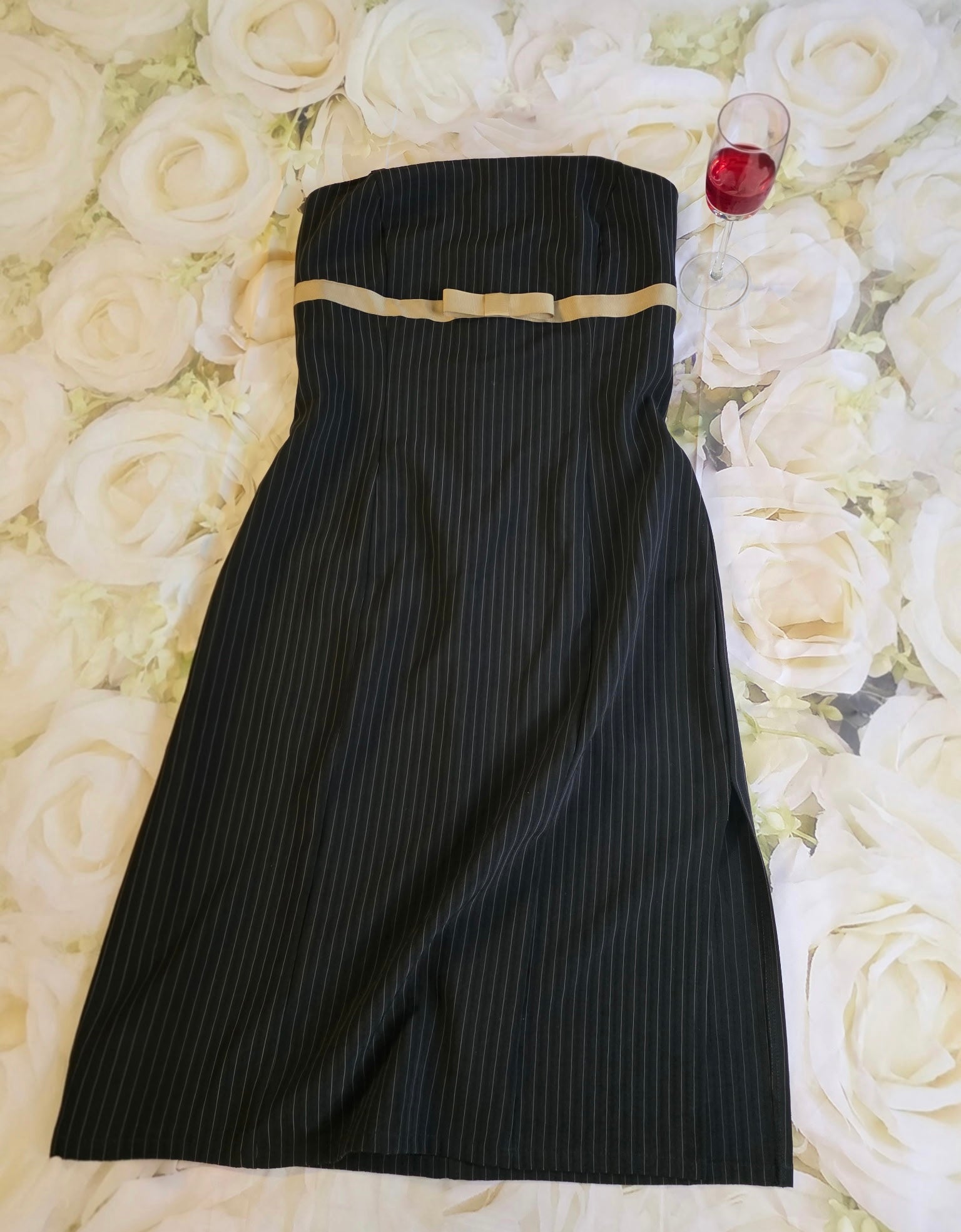Black Striped Dress with Gold Bow